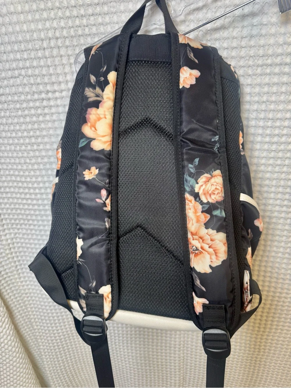 Floral USB Charging Tech Backpack Black with Peach Roses
